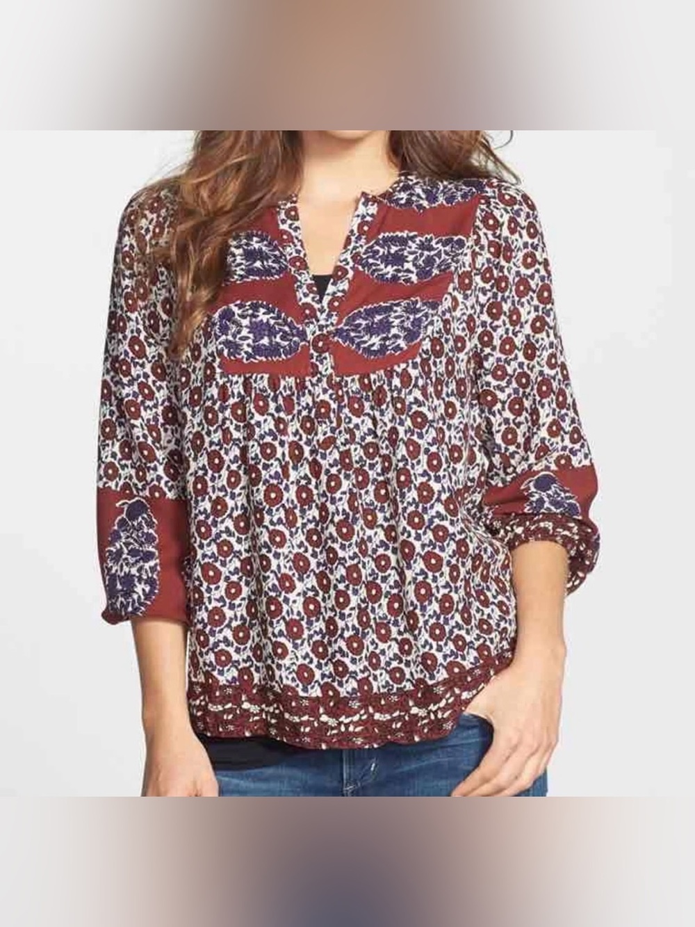 Lucky Brand Vintage Burgundy and Navy Floral Peasant Top